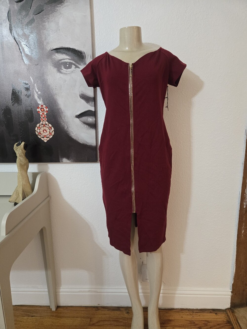 NWOT Haute Monde Women's Burgundy Zip-Front Sheath Dress Size XL